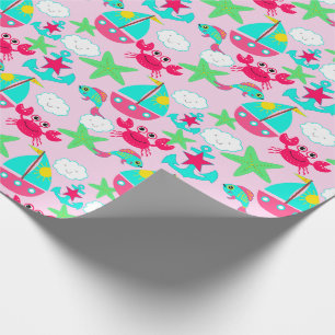 Papier Cadeau bleu rose jaune crabe vert