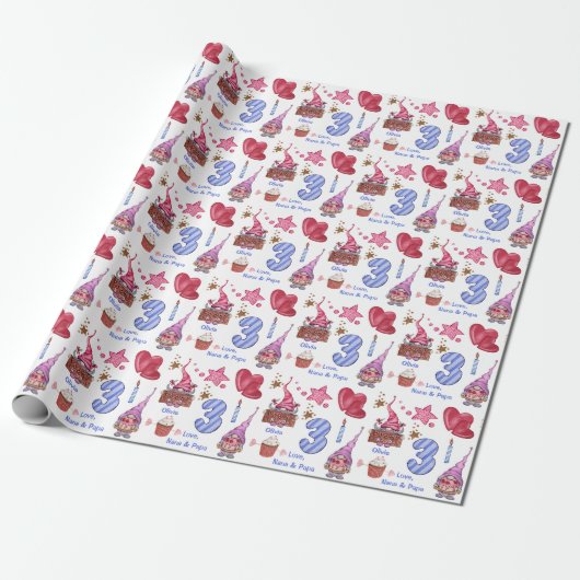 Papier Cadeau Bleu rose mignon fille Gnome 3 ans Anniversaire (Déroulé)
