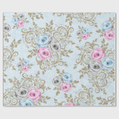 Papier Cadeau Bleu rose Roses or Damas Baroque Antonietta (Plat)