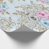 Papier Cadeau Bleu rose Roses or Damas Baroque Antonietta (Coin)