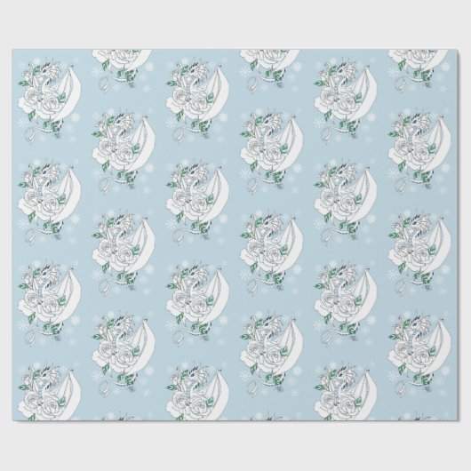 Papier Cadeau Bleu Roses de dragon blanc (Plat)