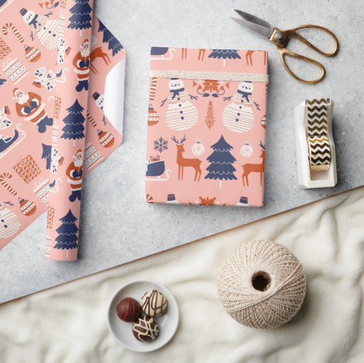 Papier Cadeau Bleu rouge rose style illustratif à Noël (Artisanat)