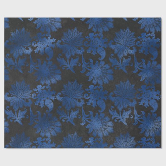 Papier Cadeau Bleu Royal, Noir et Fleurs Florales Argentées (Plat)