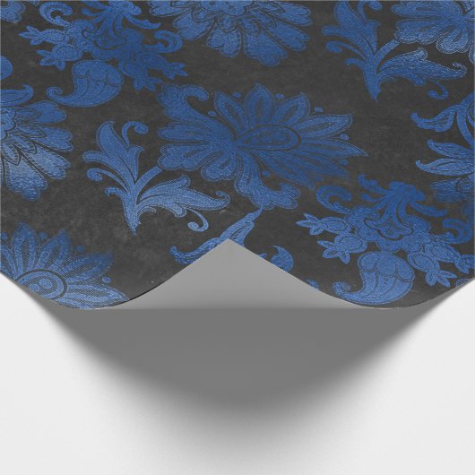 Papier Cadeau Bleu Royal, Noir et Fleurs Florales Argentées (Coin)