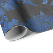 Papier Cadeau Bleu Royal, Noir et Fleurs Florales Argentées (Coin rond)