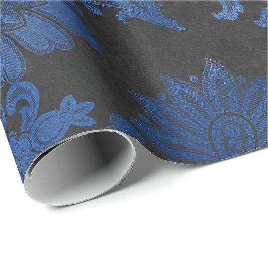 Papier Cadeau Bleu Royal, Noir et Fleurs Florales Argentées (Coin rond)