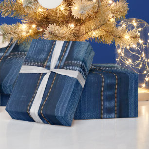 Papier Cadeau Bleu Rustique Denim Patchwork