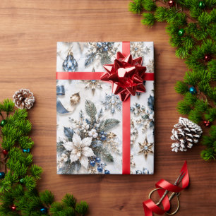 Papier Cadeau Bleu Saphir Floral d'Hiver