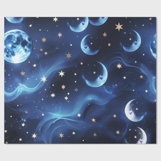Papier Cadeau Bleu Saphir Lune Céleste (Plat)