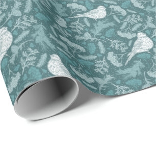 Papier Cadeau Bleu Turquoise vert hiver Oiseau blanc Flore