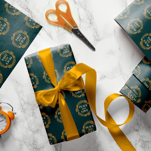 Papier Cadeau Bleu-Vert, Joie, Amour Gold Noël Wreath