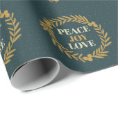 Papier Cadeau Bleu-Vert, Joie, Amour Gold Noël Wreath (Coin rond)