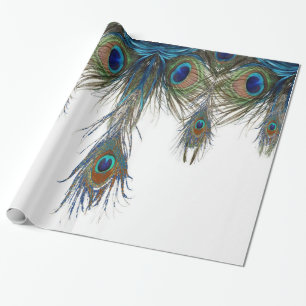 Papier Cadeau bleu-vert-paon-plume-art