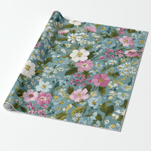 Papier Cadeau Bleu Vert Rose Fleurs Ditsy Bohème Vintage 70s 