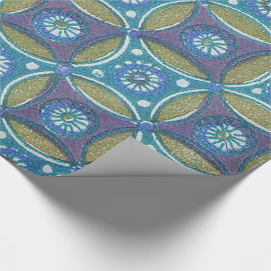 Papier Cadeau Bleu vert Rustique Boho Motif circulaire géométriq (Coin)