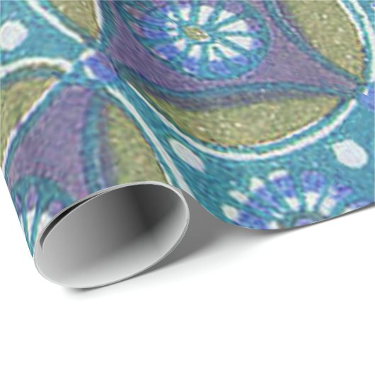 Papier Cadeau Bleu vert Rustique Boho Motif circulaire géométriq (Coin rond)