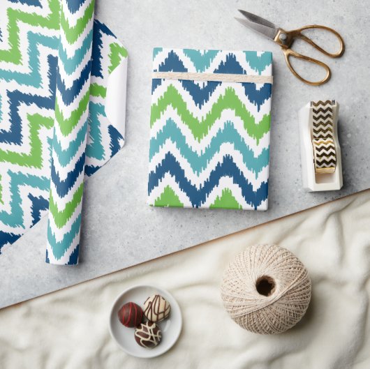 Papier Cadeau Bleu vert Zigzags Motif Ikat (Artisanat)