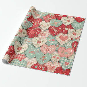 Papier Cadeau Bloc de courtepointe cœur rustique multicolore