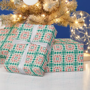 Papier Cadeau Bloc de courtepointe vert de Noël moderne géométri