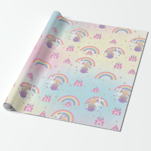 Papier Cadeau Blonde Princess et Unicorn Rainbow Birthday