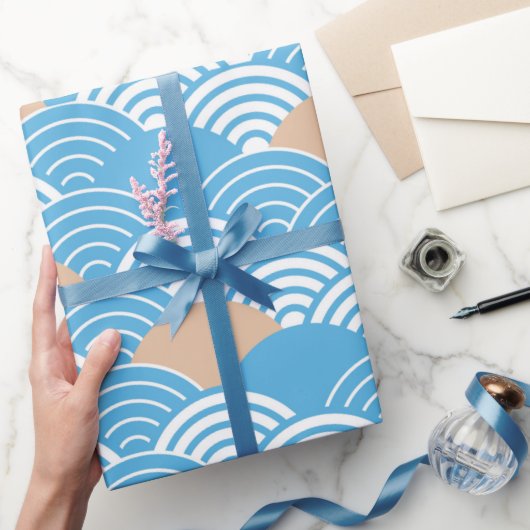 Papier Cadeau Blue and Beige Japanese Wave Pattern  (Cadeaux)