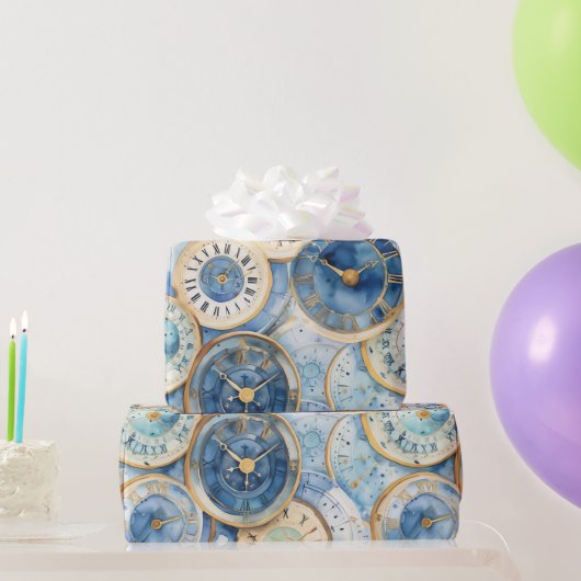 Papier Cadeau Blue and Gold Clock Pattern (Cadeaux de fête)