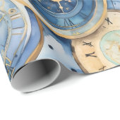 Papier Cadeau Blue and Gold Clock Pattern (Coin rond)