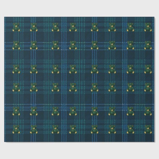 Papier Cadeau Blue and Green Plaid Teddy Bear Wrapping Paper (Plat)