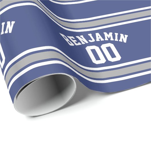 Papier Cadeau Blue and Silver Sports Jersey Nom personnalisé Num (Coin rond)