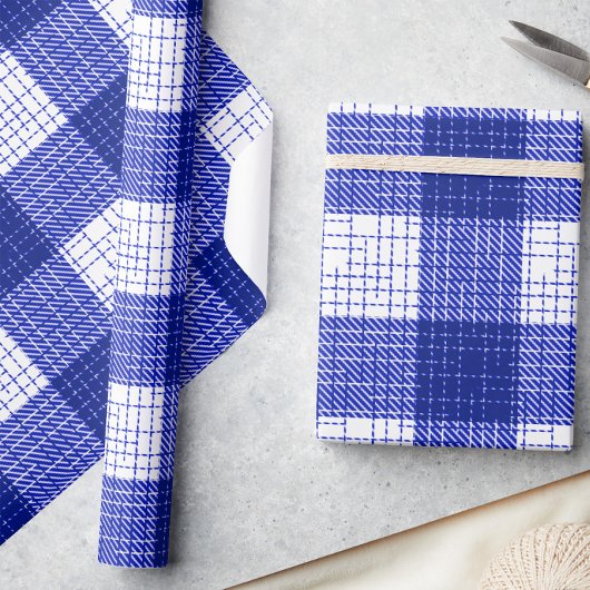Papier Cadeau Blue and White Bold Checkered Plaid Design 
