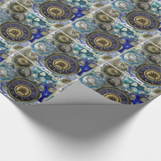 Papier Cadeau Blue aqua steampunk gears, cogs, clock faces (Coin)