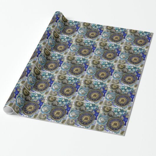 Papier Cadeau Blue aqua steampunk gears, cogs, clock faces (Déroulé)