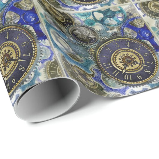 Papier Cadeau Blue aqua steampunk gears, cogs, clock faces (Coin rond)