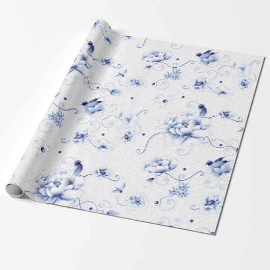 Papier Cadeau Blue Bird Rose Chinoiserie Floral (Déroulé)
