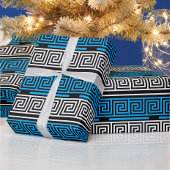 Papier Cadeau Blue Black White Greek Key Fret Pattern Design 