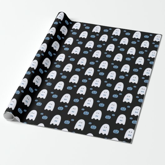 Papier Cadeau Blue Boy Ghost & Citrouille Halloween Cute Éffraya (Déroulé)
