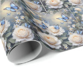 Papier Cadeau Blue Butterflies in a White Rose Garden (Coin rond)