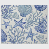 Papier Cadeau Blue Coastal Toile Seashell Coral Pattern (Plat)