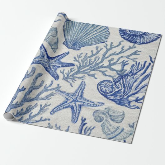 Papier Cadeau Blue Coastal Toile Seashell Coral Pattern (Déroulé)