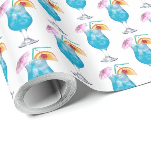 Papier Cadeau Blue Cocktail Drinks On White (Coin rond)