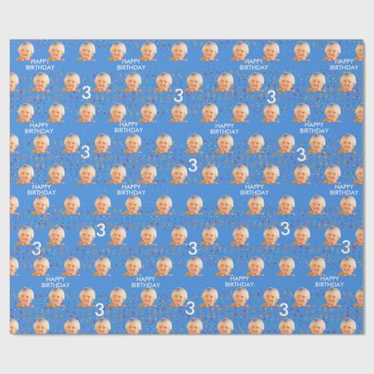 Papier Cadeau Blue Custom Face Photo Enfants 3e fête d'anniversa (Plat)