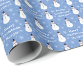 Papier Cadeau Blue Cute Snowman Snowflake Joyeux Noël Nom (Coin rond)