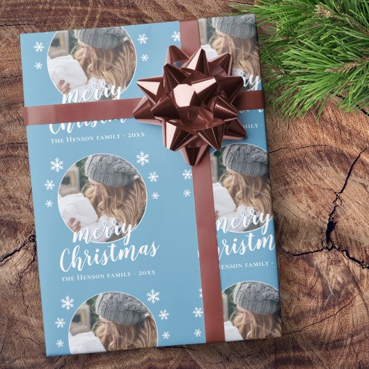 Papier Cadeau Blue Family Photo Snowflake Joyeux Noël