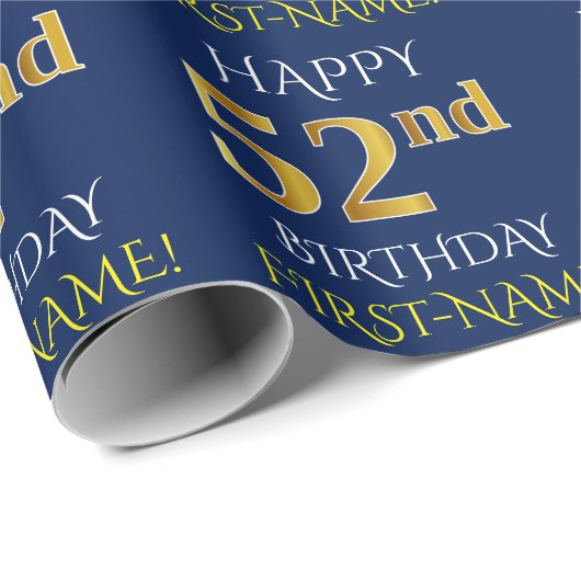 Papier Cadeau Blue, Faux Gold "HAPPY 52nd BIRTHDAY" (Coin rond)