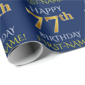 Papier Cadeau Blue, Faux Gold "HAPPY 77th BIRTHDAY" (Coin rond)