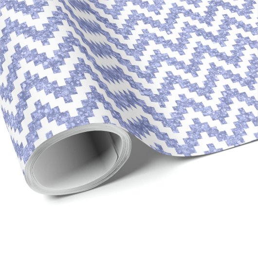 Papier Cadeau Blue Faux Parties scintillant & White Ikat Chevron (Coin rond)