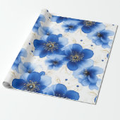 Papier Cadeau Blue Floral Pattern with Gold Accents (Déroulé)