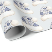 Papier Cadeau Blue Floral Santa Hats Christmas (Coin rond)