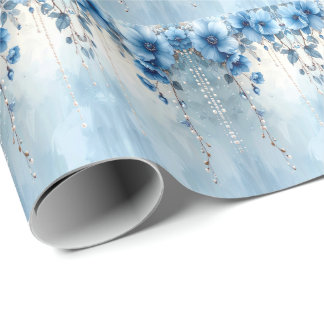 Papier Cadeau Blue Flowers and Pearls Wrapping Paper