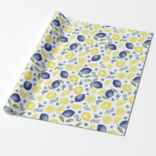 Papier Cadeau Blue French Country Lemon Pattern (Déroulé)